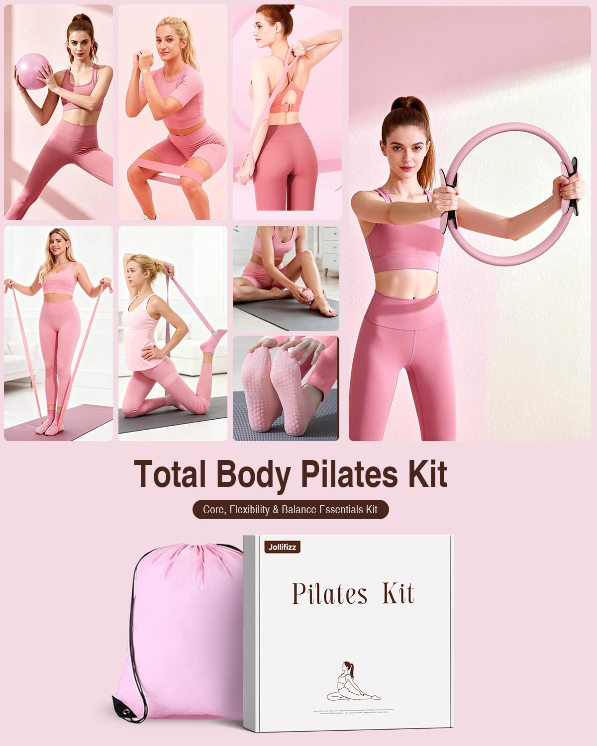 Pilates kit for Women Home Workout, Pilates Equipment Ring and Ball Set with 3 Fabric Resistance Bands, Massage Ball, Pilates Starter Kit for Strength, Toning, Including Workout Guide
