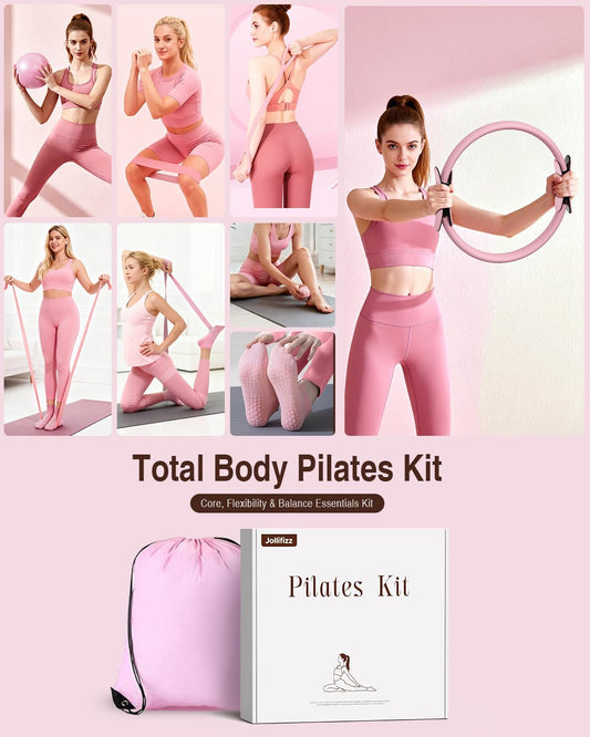 Pilates kit for Women Home Workout, Pilates Equipment Ring and Ball Set with 3 Fabric Resistance Bands, Massage Ball, Pilates Starter Kit for Strength, Toning, Including Workout Guide