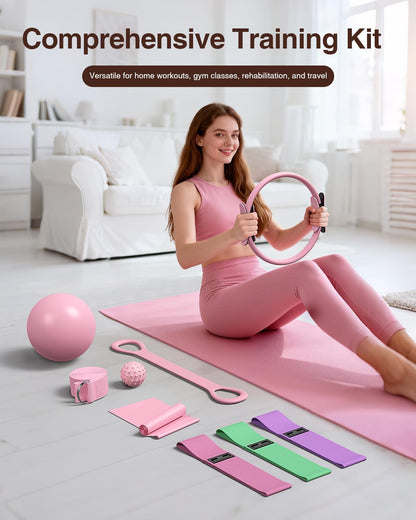 Pilates kit for Women Home Workout, Pilates Equipment Ring and Ball Set with 3 Fabric Resistance Bands, Massage Ball, Pilates Starter Kit for Strength, Toning, Including Workout Guide