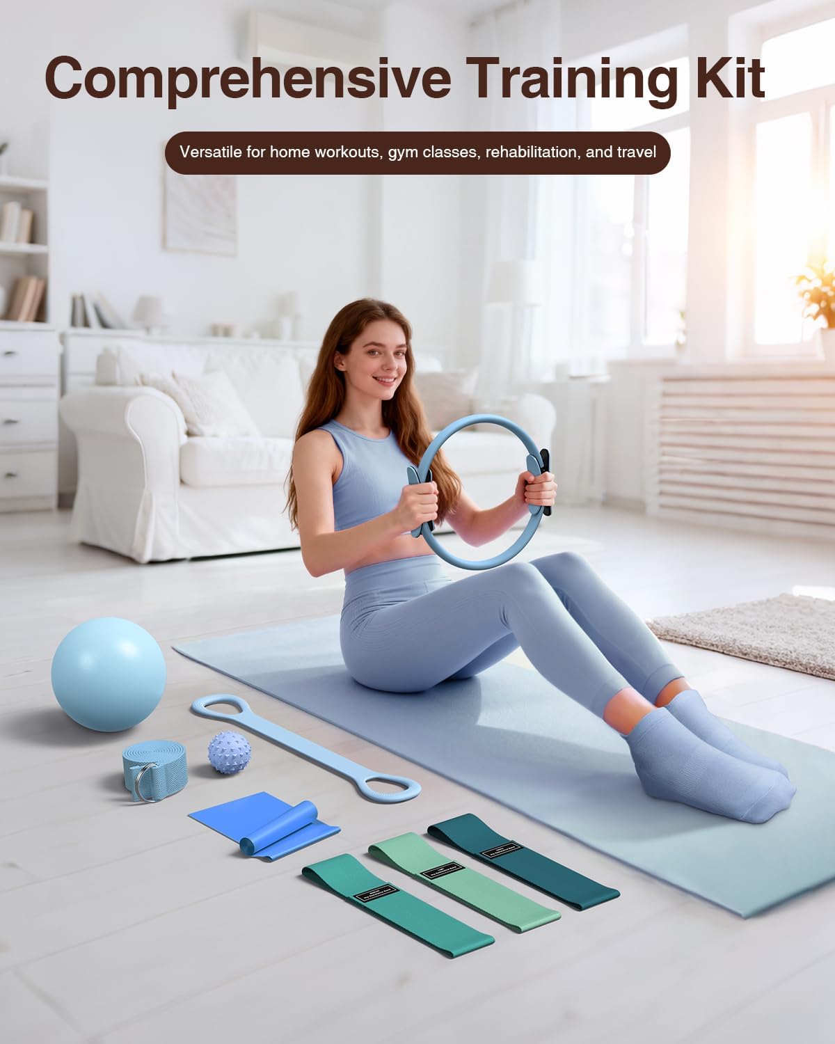 Pilates kit for Women Home Workout, Pilates Equipment Ring and Ball Set with 3 Fabric Resistance Bands, Massage Ball, Pilates Starter Kit for Strength, Toning, Including Workout Guide