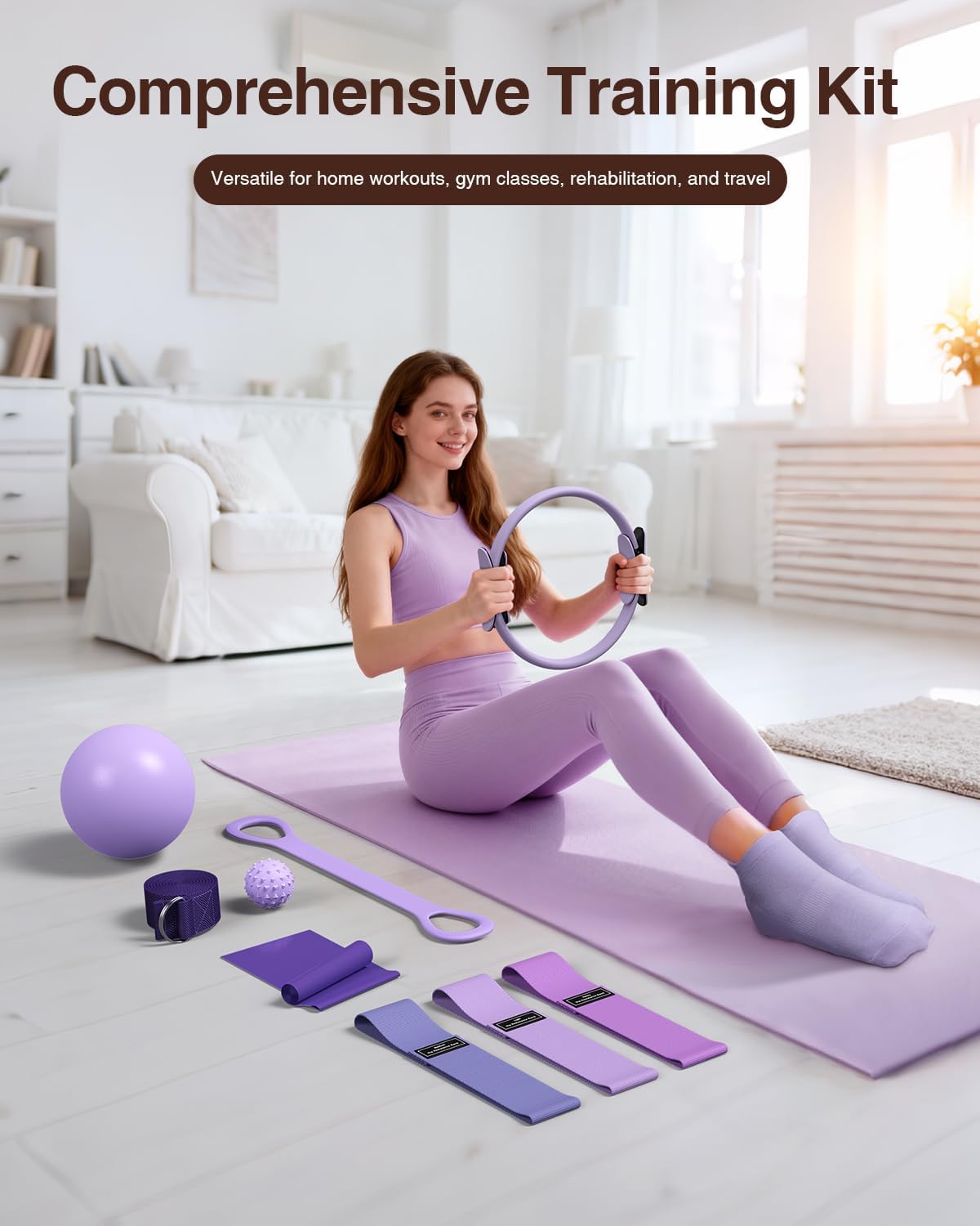 Pilates kit for Women Home Workout, Pilates Equipment Ring and Ball Set with 3 Fabric Resistance Bands, Massage Ball, Pilates Starter Kit for Strength, Toning, Including Workout Guide