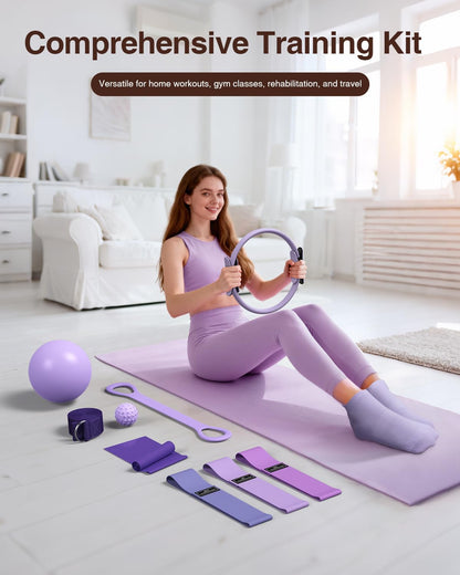 Pilates kit for Women Home Workout, Pilates Equipment Ring and Ball Set with 3 Fabric Resistance Bands, Massage Ball, Pilates Starter Kit for Strength, Toning, Including Workout Guide