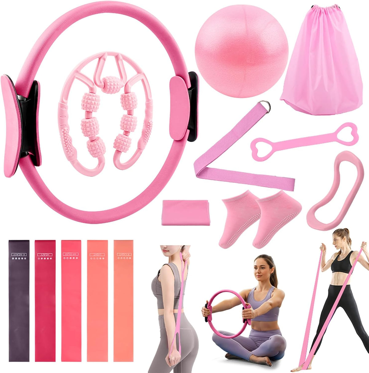 Pilates Equipment Kit for Home Workout, Pilates Ring and Ball Set with 5 Resistance Bands, mag-ic Circle Compact Toning Fitness Essentials Starter Set Accessories, Core Sliders, Socks, Bag
