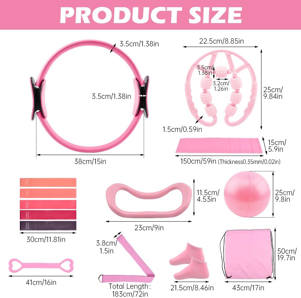 Pilates Equipment Kit for Home Workout, Pilates Ring and Ball Set with 5 Resistance Bands, mag-ic Circle Compact Toning Fitness Essentials Starter Set Accessories, Core Sliders, Socks, Bag