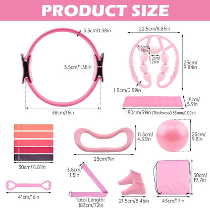 Pilates Equipment Kit for Home Workout, Pilates Ring and Ball Set with 5 Resistance Bands, mag-ic Circle Compact Toning Fitness Essentials Starter Set Accessories, Core Sliders, Socks, Bag
