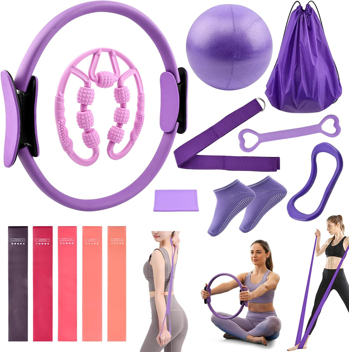 Pilates Equipment Kit for Home Workout, Pilates Ring and Ball Set with 5 Resistance Bands, mag-ic Circle Compact Toning Fitness Essentials Starter Set Accessories, Core Sliders, Socks, Bag