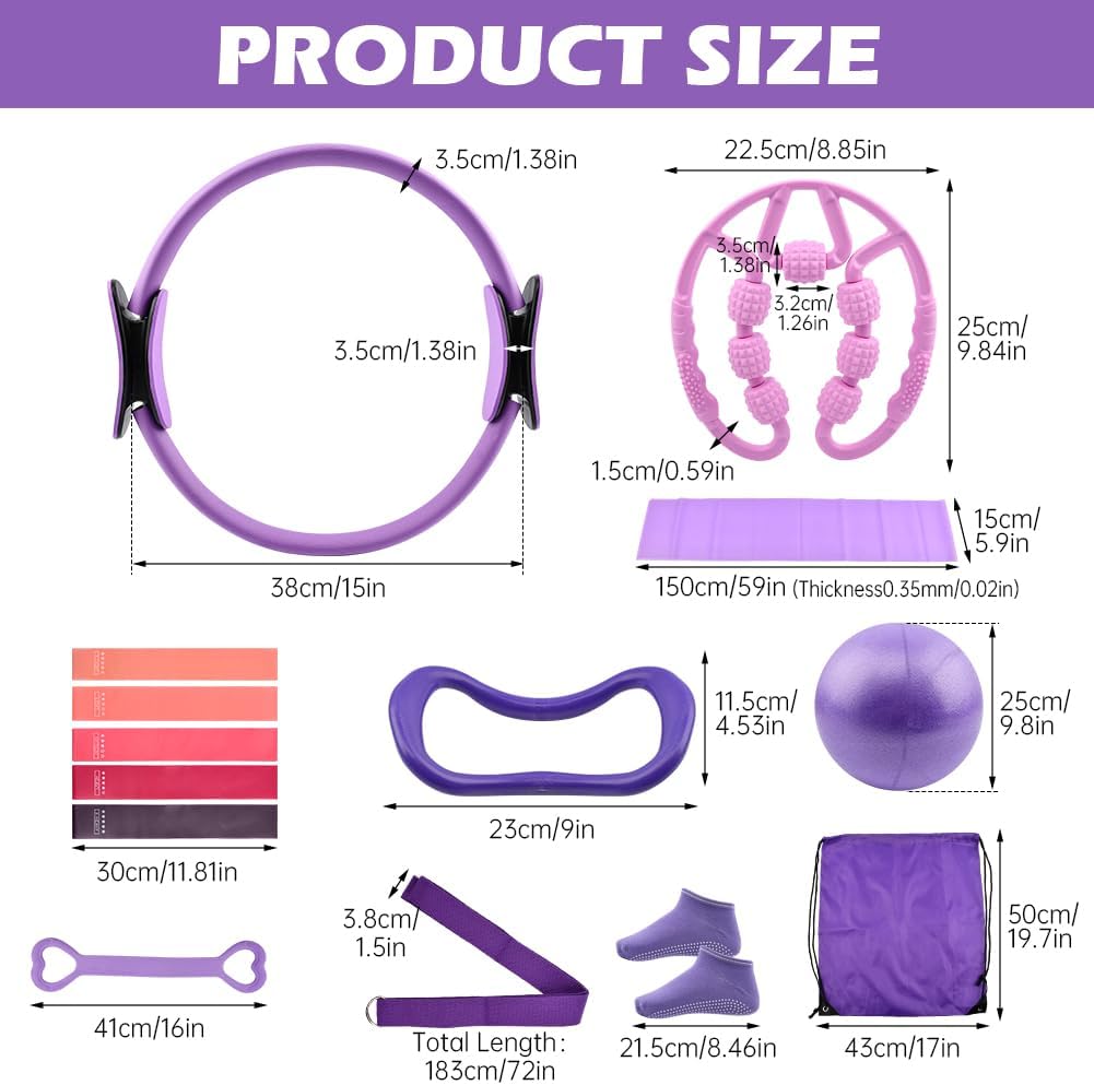 Pilates Equipment Kit for Home Workout, Pilates Ring and Ball Set with 5 Resistance Bands, mag-ic Circle Compact Toning Fitness Essentials Starter Set Accessories, Core Sliders, Socks, Bag