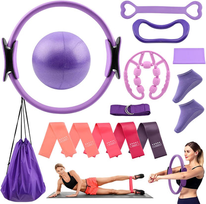 Pilates Equipment Kit for Home Workout, Pilates Ring and Ball Set with 5 Resistance Bands, mag-ic Circle Compact Toning Fitness Essentials Starter Set Accessories, Core Sliders, Socks, Bag