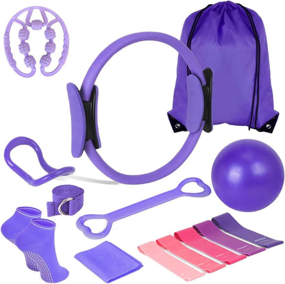 Pilates Equipment Kit for Home Workout, Pilates Ring and Ball Set with 5 Resistance Bands, mag-ic Circle Compact Toning Fitness Essentials Starter Set Accessories, Core Sliders, Socks, Bag