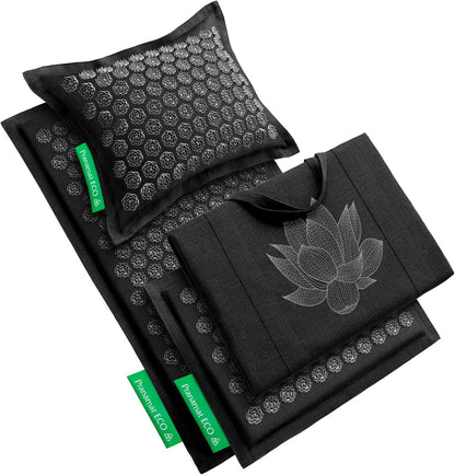 Acupressure Large & Small Mat with Pillow and Bag Set, Premium Acupressure Therapy for Pain Relief and Relaxation, Handcrafted in Europe with Sustainable and Natural Materials (Obsidian)