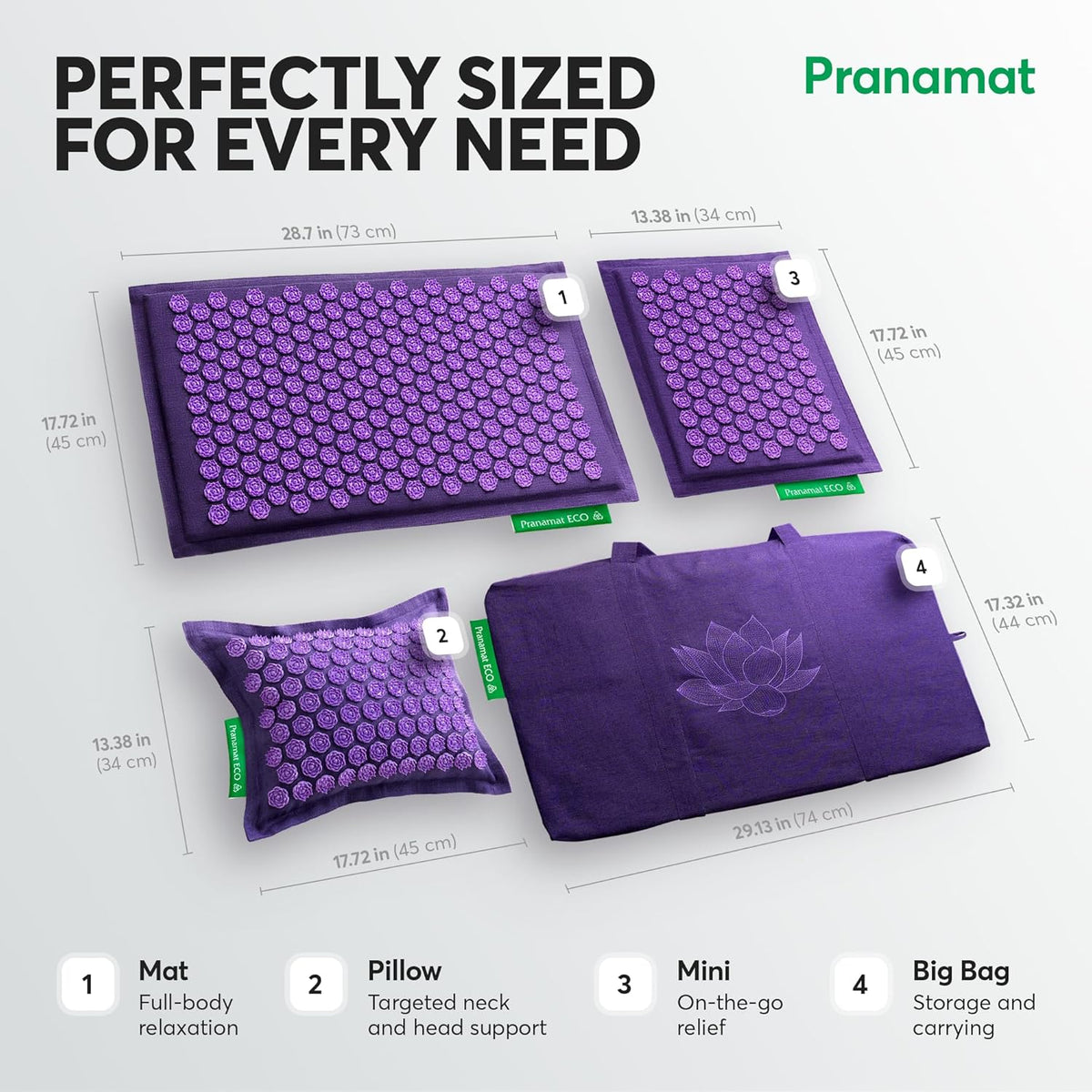 Acupressure Large & Small Mat with Pillow and Bag Set, Premium Acupressure Therapy for Pain Relief and Relaxation, Handcrafted in Europe with Sustainable and Natural Materials (Obsidian)