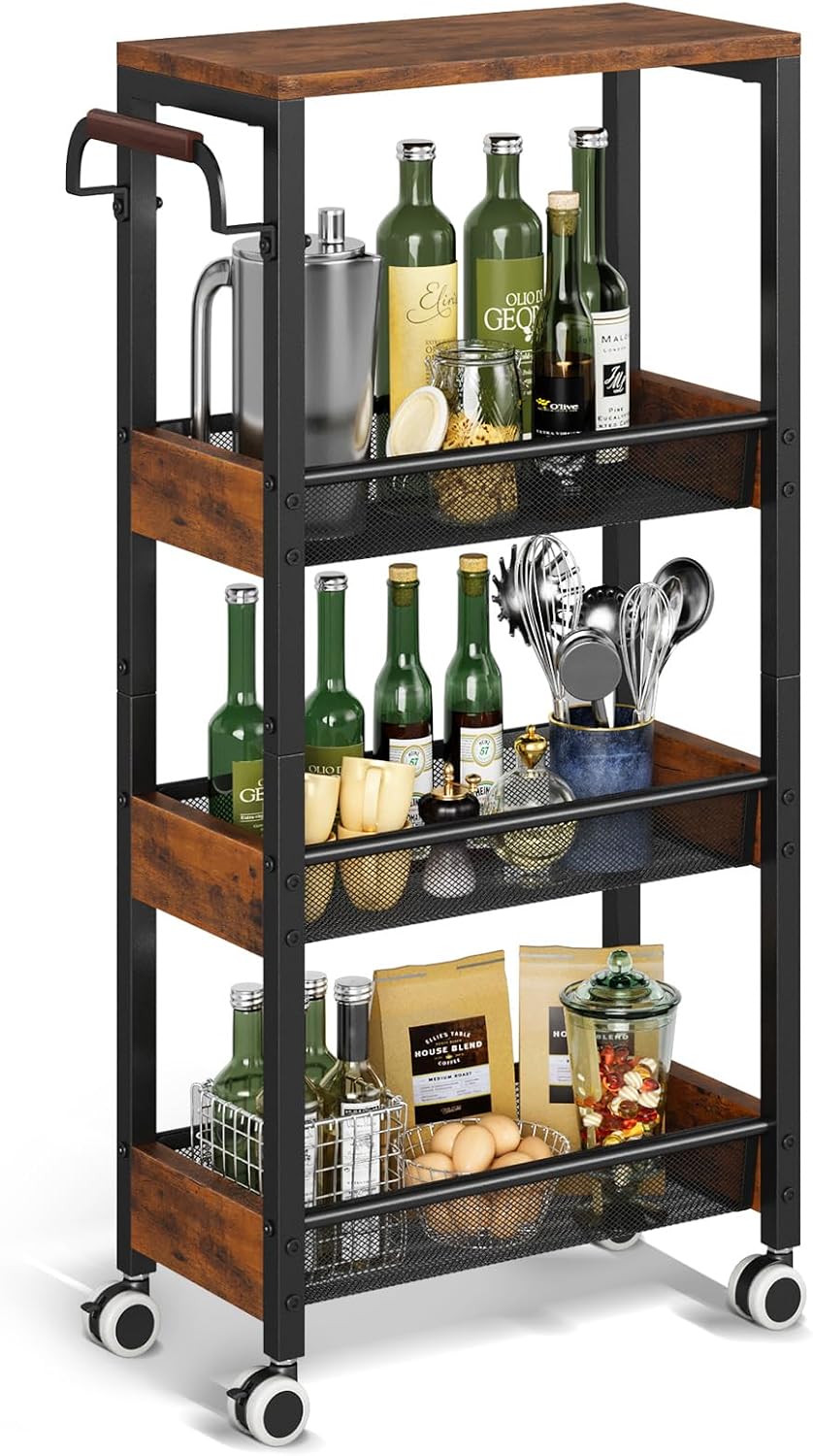 Utility Slim Storage Cart with Wheels, 4 Tier Slim Rolling Cart, Slim Rolling cart for Kitchen,Small Rolling Cart with Wood Top, Skinny Metal Organization Trolley Laundry with Handle for Small Space