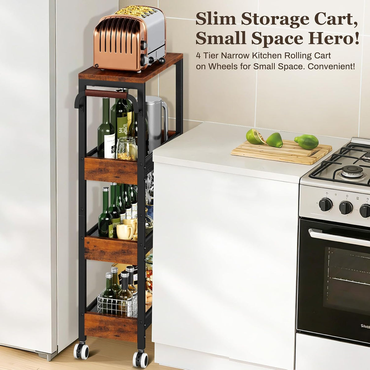 Utility Slim Storage Cart with Wheels, 4 Tier Slim Rolling Cart, Slim Rolling cart for Kitchen,Small Rolling Cart with Wood Top, Skinny Metal Organization Trolley Laundry with Handle for Small Space