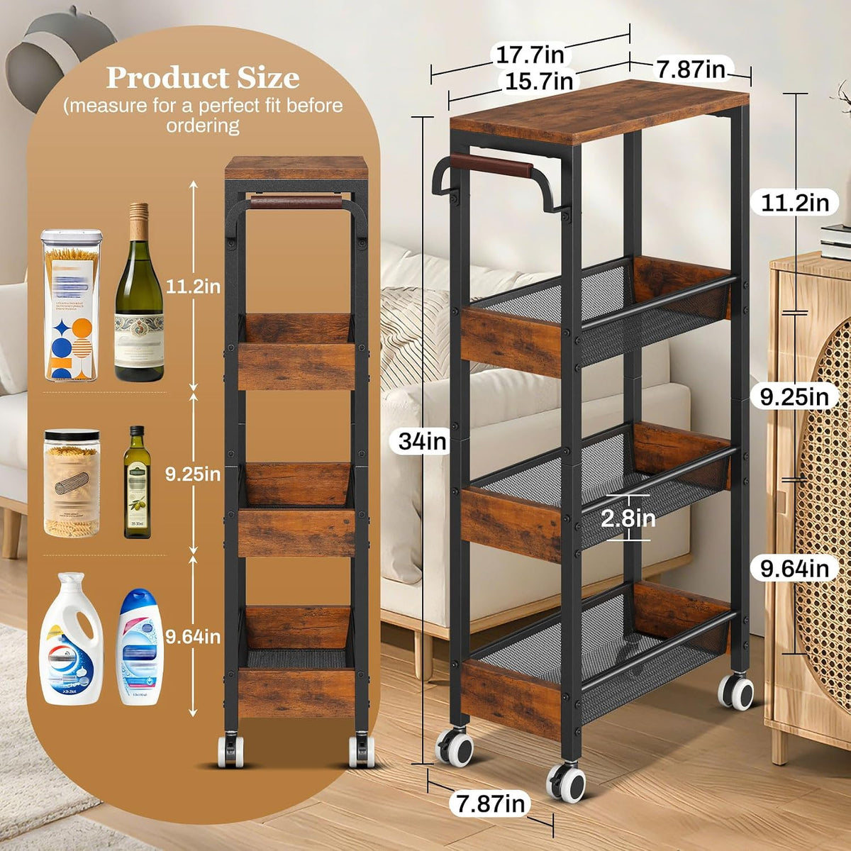 Utility Slim Storage Cart with Wheels, 4 Tier Slim Rolling Cart, Slim Rolling cart for Kitchen,Small Rolling Cart with Wood Top, Skinny Metal Organization Trolley Laundry with Handle for Small Space