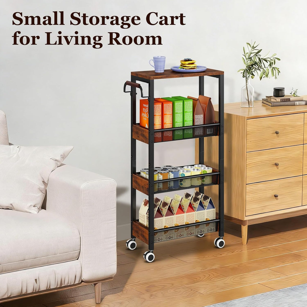 Utility Slim Storage Cart with Wheels, 4 Tier Slim Rolling Cart, Slim Rolling cart for Kitchen,Small Rolling Cart with Wood Top, Skinny Metal Organization Trolley Laundry with Handle for Small Space
