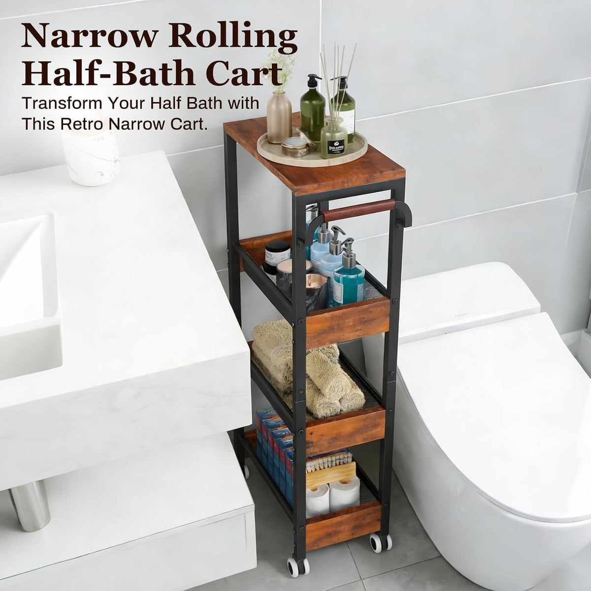 Utility Slim Storage Cart with Wheels, 4 Tier Slim Rolling Cart, Slim Rolling cart for Kitchen,Small Rolling Cart with Wood Top, Skinny Metal Organization Trolley Laundry with Handle for Small Space