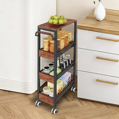 Utility Slim Storage Cart with Wheels, 4 Tier Slim Rolling Cart, Slim Rolling cart for Kitchen,Small Rolling Cart with Wood Top, Skinny Metal Organization Trolley Laundry with Handle for Small Space