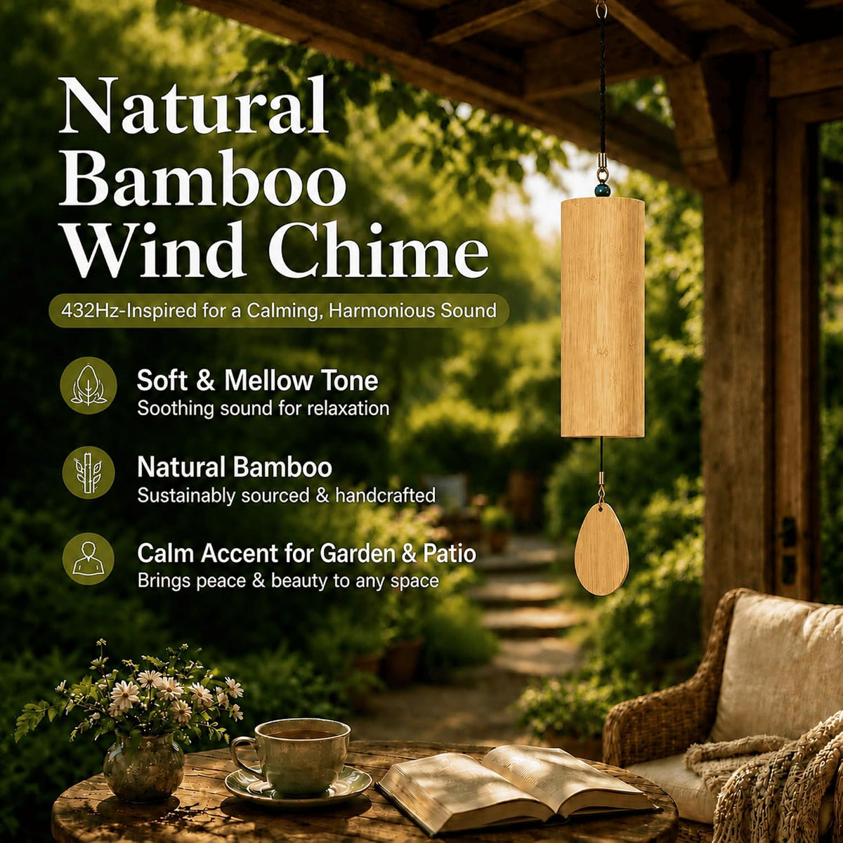 Bamboo Wind Chime-432Hz Tuned for Alpha Wave Relaxation, Focus & Meditation