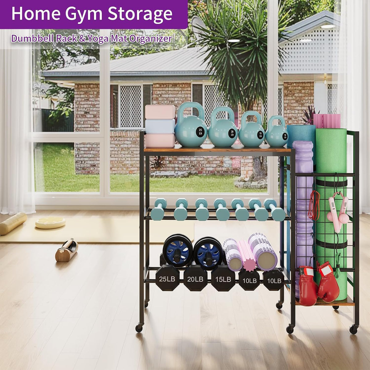 Dumbbell Rack, Home Gym Weight Rack Storage, Adjustable Dumbbell Stand Organizer with Wheels, Holds Dumbbells, Kettlebells, Yoga Mats