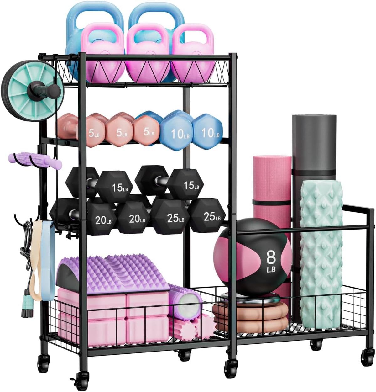 Dumbbell Rack, Home Gym Weight Rack Storage, Adjustable Dumbbell Stand Organizer with Wheels, Holds Dumbbells, Kettlebells, Yoga Mats