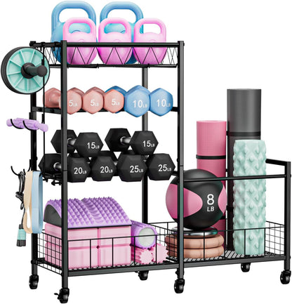 Dumbbell Rack, Home Gym Weight Rack Storage, Adjustable Dumbbell Stand Organizer with Wheels, Holds Dumbbells, Kettlebells, Yoga Mats