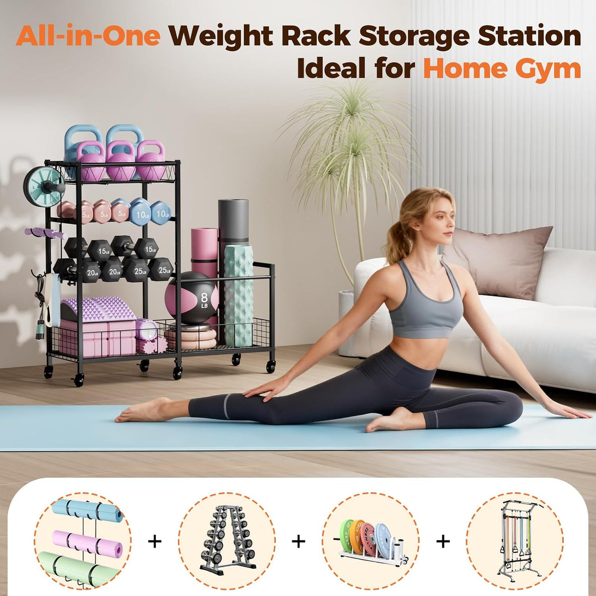 Dumbbell Rack, Home Gym Weight Rack Storage, Adjustable Dumbbell Stand Organizer with Wheels, Holds Dumbbells, Kettlebells, Yoga Mats