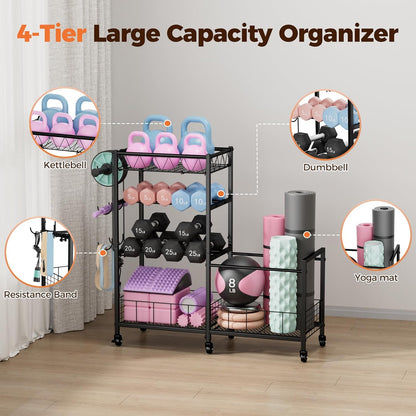 Dumbbell Rack, Home Gym Weight Rack Storage, Adjustable Dumbbell Stand Organizer with Wheels, Holds Dumbbells, Kettlebells, Yoga Mats