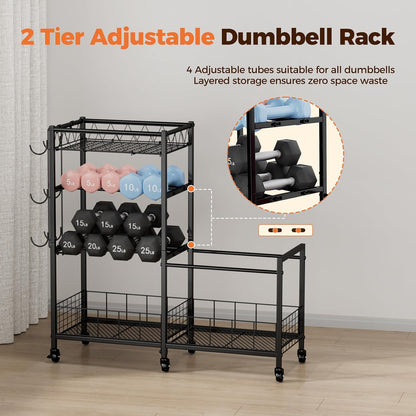 Dumbbell Rack, Home Gym Weight Rack Storage, Adjustable Dumbbell Stand Organizer with Wheels, Holds Dumbbells, Kettlebells, Yoga Mats