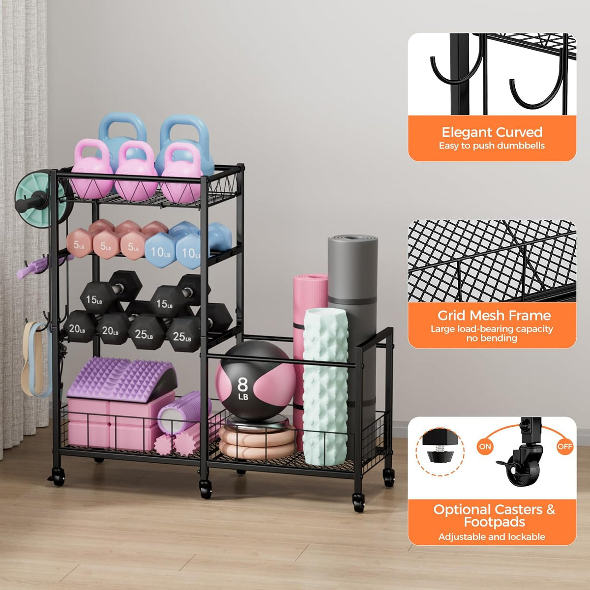 Dumbbell Rack, Home Gym Weight Rack Storage, Adjustable Dumbbell Stand Organizer with Wheels, Holds Dumbbells, Kettlebells, Yoga Mats