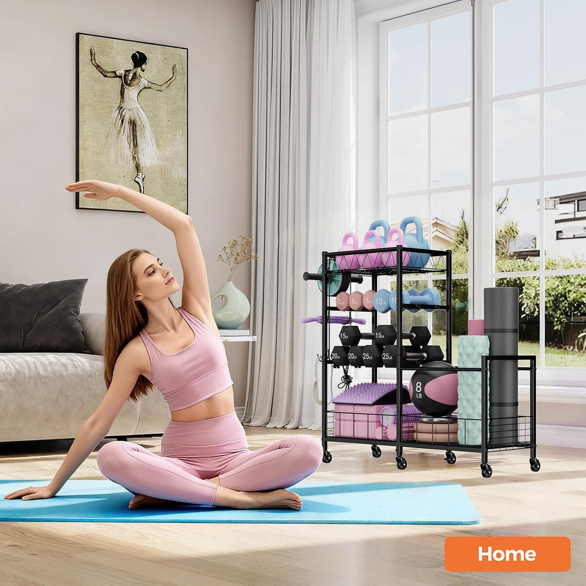 Dumbbell Rack, Home Gym Weight Rack Storage, Adjustable Dumbbell Stand Organizer with Wheels, Holds Dumbbells, Kettlebells, Yoga Mats