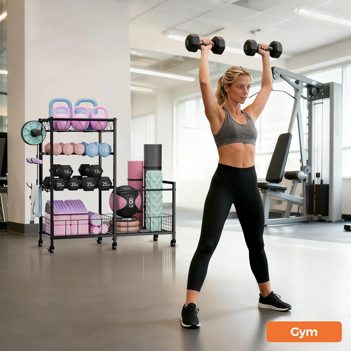 Dumbbell Rack, Home Gym Weight Rack Storage, Adjustable Dumbbell Stand Organizer with Wheels, Holds Dumbbells, Kettlebells, Yoga Mats