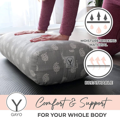 Yoga Bolster - Made with 100% Cotton, Yoga Pillow Set Includes Extra Washable Cover and Carry Bag