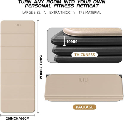 Foldable Yoga Mat, 75x26x0.4 Inch, TPE, Extra Thick, Extra Long | Non-Slip Grip, Easy Carry&Storage, Comfort Cushion, SGS Safe, Suitable for Yoga, Pilates, Home Exercise&Outdoor Travel