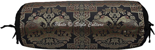 Traditional Brocade Silk Jacquard Decorative Bolster Pillow Cover for Yoga Black Gold Elephant Polydupion Cylindrical Neck Roll Home Decor Banarsi Bolster Case | (1 Pc) | (76x38 cm)
