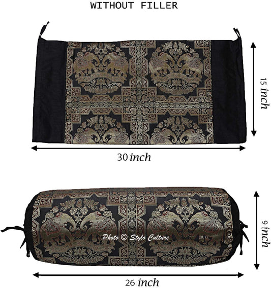 Traditional Brocade Silk Jacquard Decorative Bolster Pillow Cover for Yoga Black Gold Elephant Polydupion Cylindrical Neck Roll Home Decor Banarsi Bolster Case | (1 Pc) | (76x38 cm)