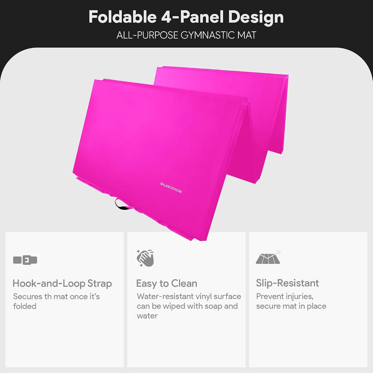 BalanceFrom 6x4 Feet 4-Panel Folding Gymnastics Mat – 2-Inch Thick Pad with Vinyl Surface and Carrying Handles for Tumbling, Yoga, Pilates, Home Workouts, and Martial Arts