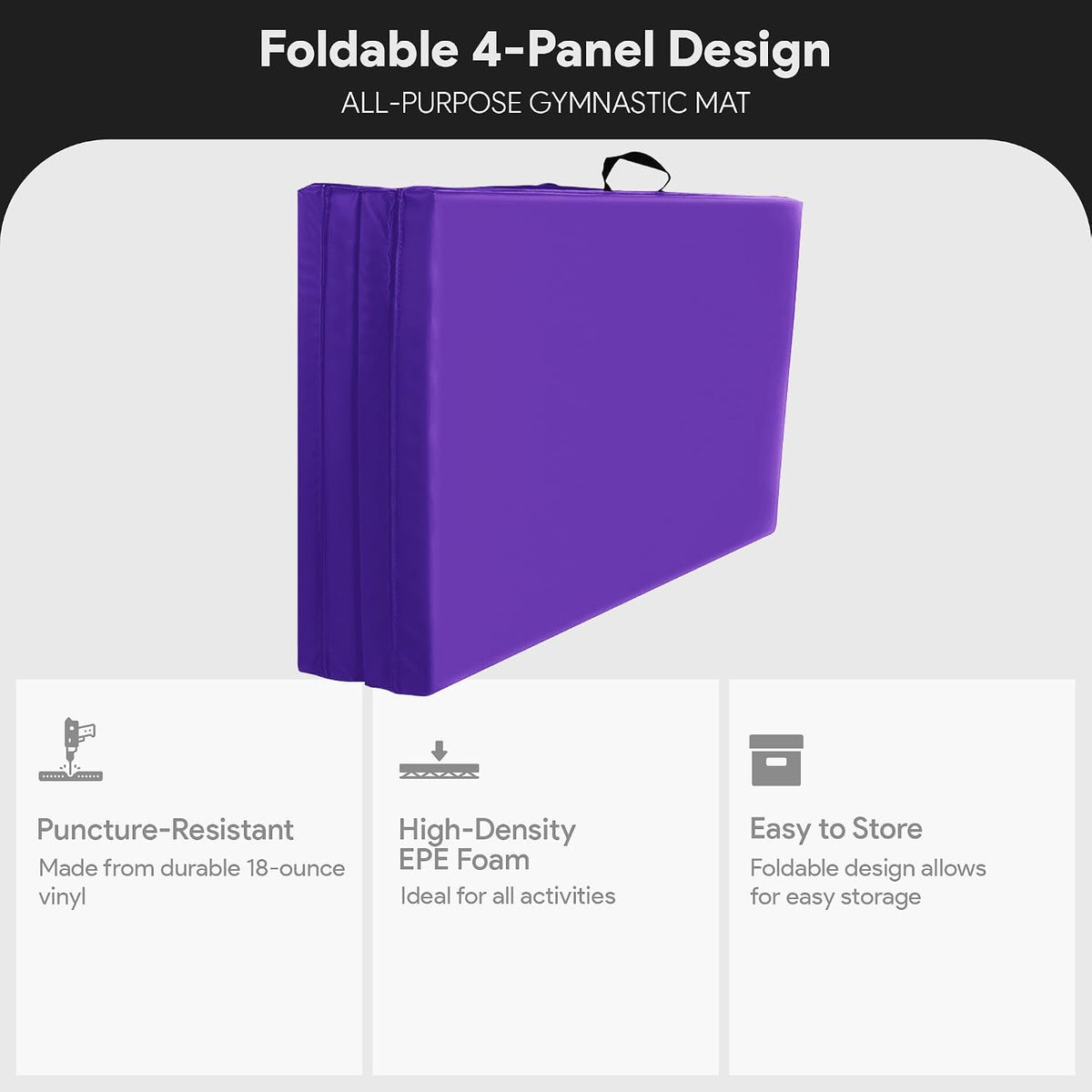 BalanceFrom 6x4 Feet 4-Panel Folding Gymnastics Mat – 2-Inch Thick Pad with Vinyl Surface and Carrying Handles for Tumbling, Yoga, Pilates, Home Workouts, and Martial Arts