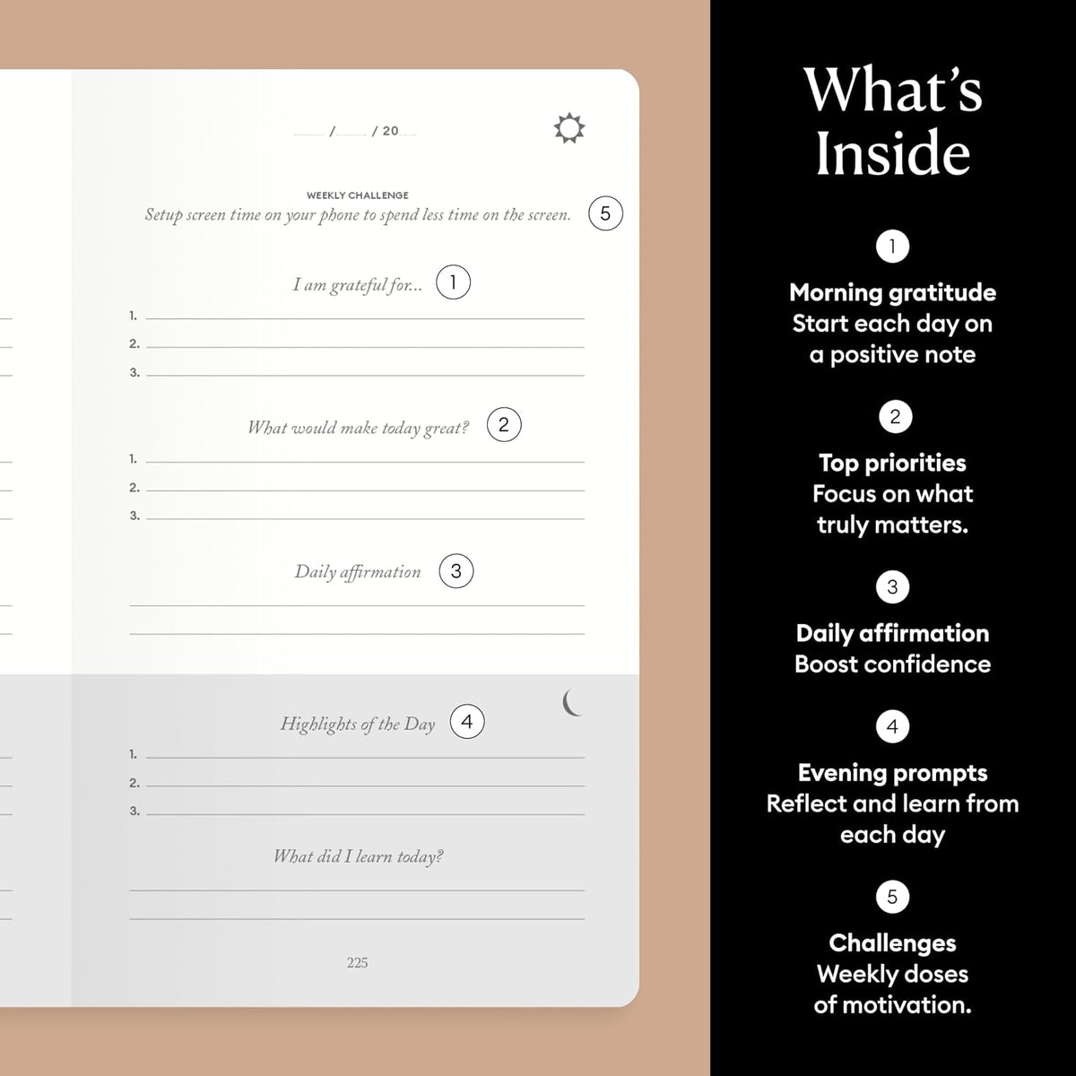 The Five Minute Journal - Original Daily Gratitude Journal for Women & Men - Mindfulness, Happiness & Daily Reflection - Undated Planner - Affirmation Journal - Gifts for Women