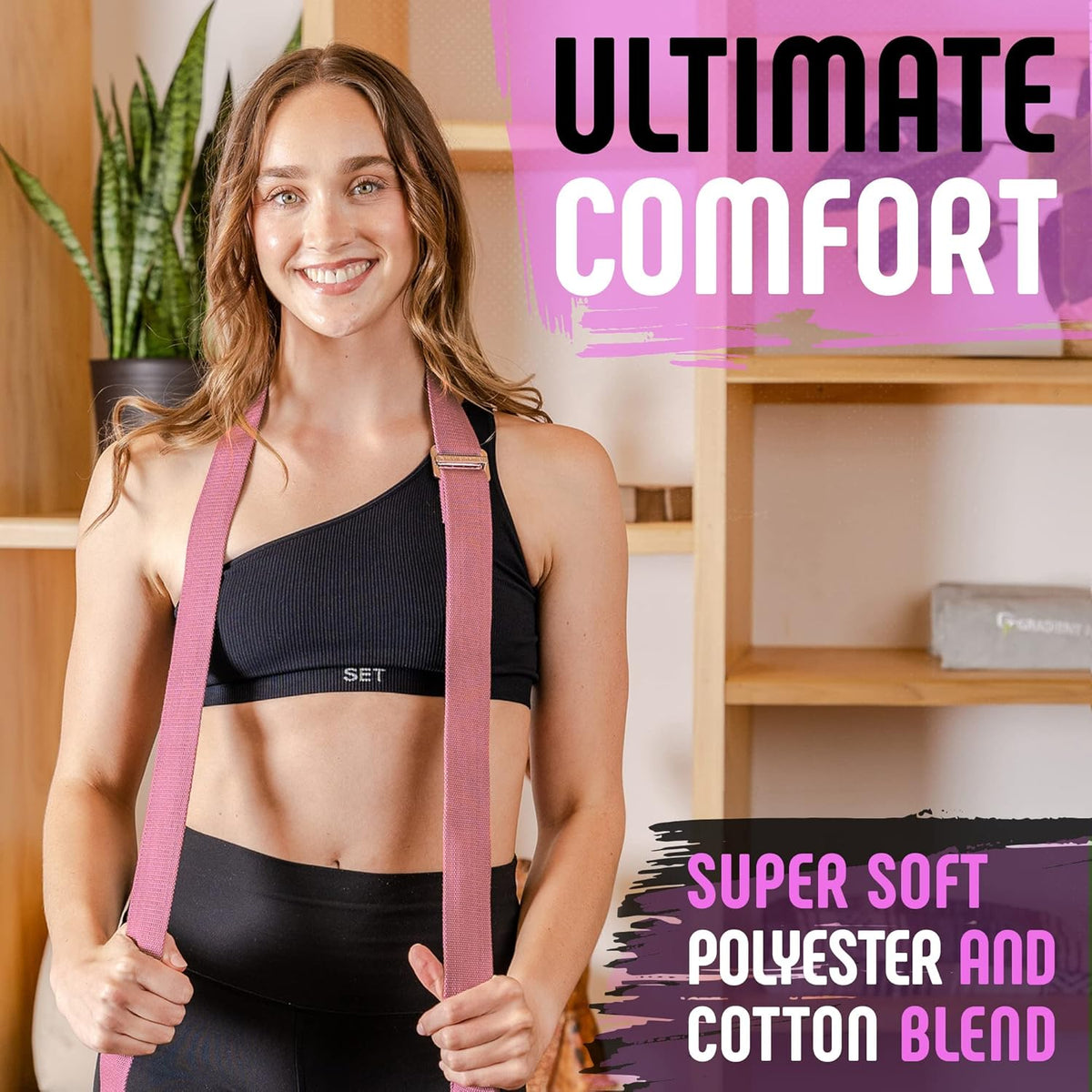 Yoga Strap with Buckle, Soft Cotton/Polyester Webbing, 8 ft
