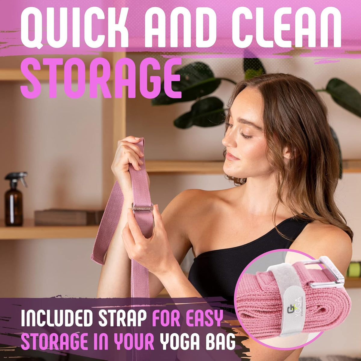 Yoga Strap with Buckle, Soft Cotton/Polyester Webbing, 8 ft