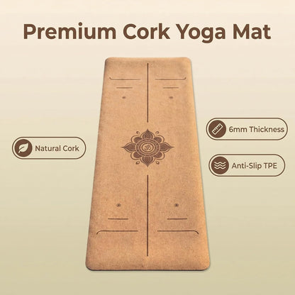Cork Yoga Mat 6mm Extra Thick TPE Non-Slip Workout Mat with Alignment Lines for Hot Yoga and Home Gym