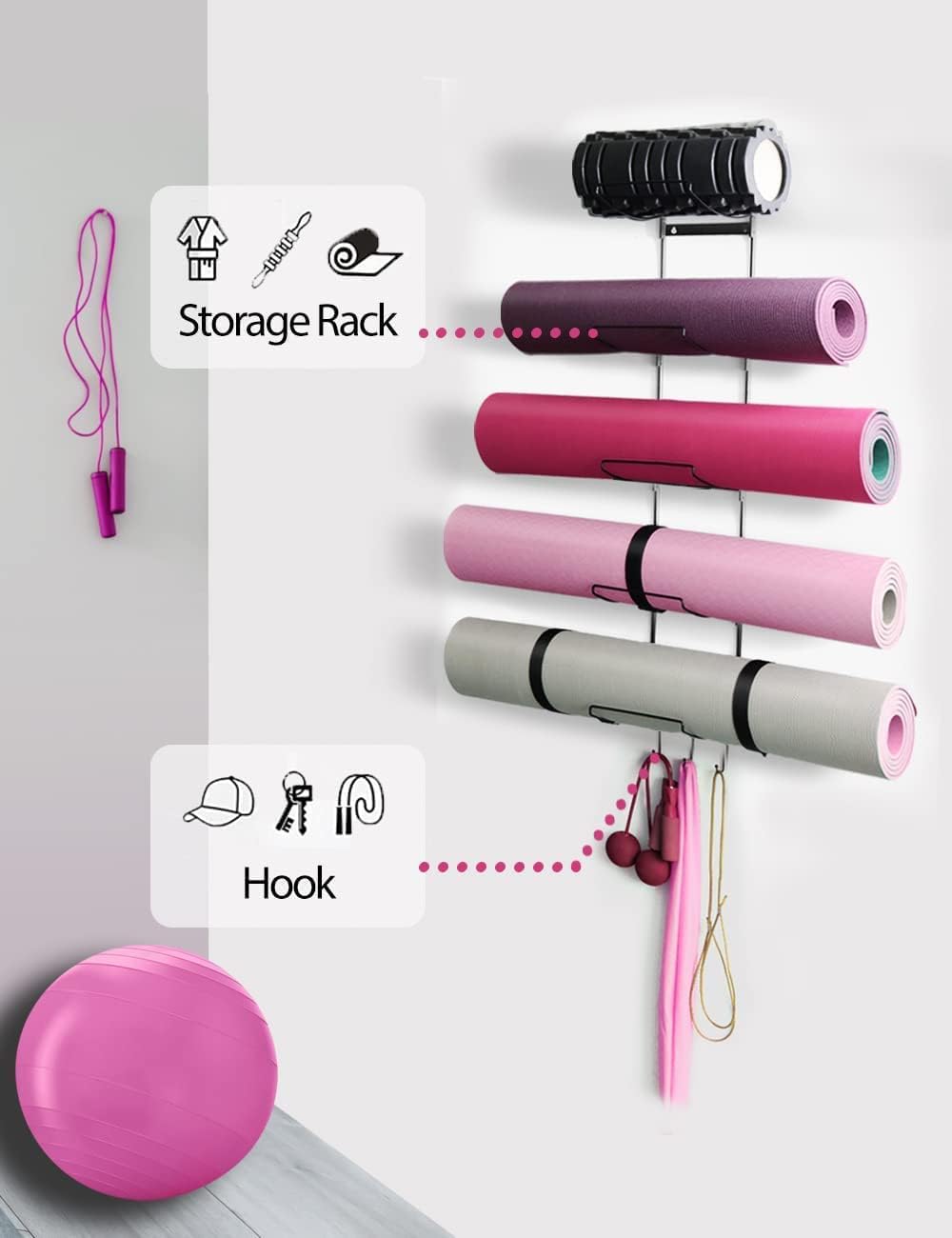 5-Tiers Yoga Mat Holder Wall Mount, Metal Storage Rack for Yoga Mat/Wheels, Foam Roller and Block etcs, Wall Rack Organizer with 3-Hooks for Hanging Stretching Strap & Resistance Bands（2 Pack）