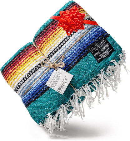 Mexican Blanket, Authentic Handwoven Yoga Blanket & Outdoor Blanket, Made by Traditional Mexican Artisans, Saddle Blanket, Beach Blanket, Picnic Blanket, & Car Blanket 75 x 52 - Agua