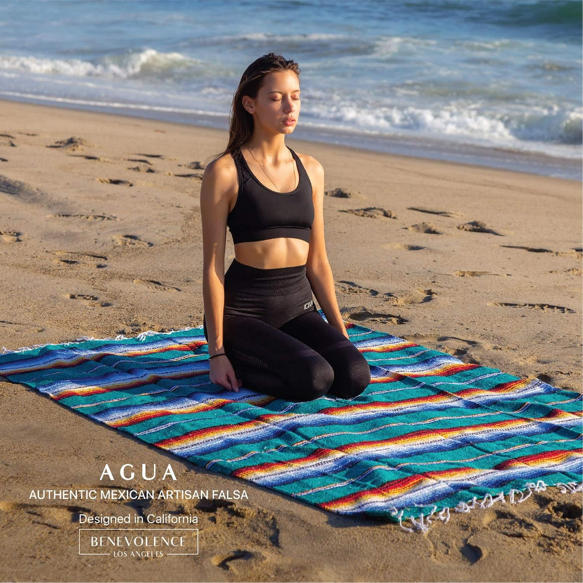 Mexican Blanket, Authentic Handwoven Yoga Blanket & Outdoor Blanket, Made by Traditional Mexican Artisans, Saddle Blanket, Beach Blanket, Picnic Blanket, & Car Blanket 75 x 52 - Agua
