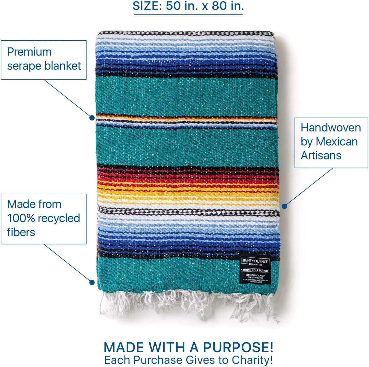 Mexican Blanket, Authentic Handwoven Yoga Blanket & Outdoor Blanket, Made by Traditional Mexican Artisans, Saddle Blanket, Beach Blanket, Picnic Blanket, & Car Blanket 75 x 52 - Agua