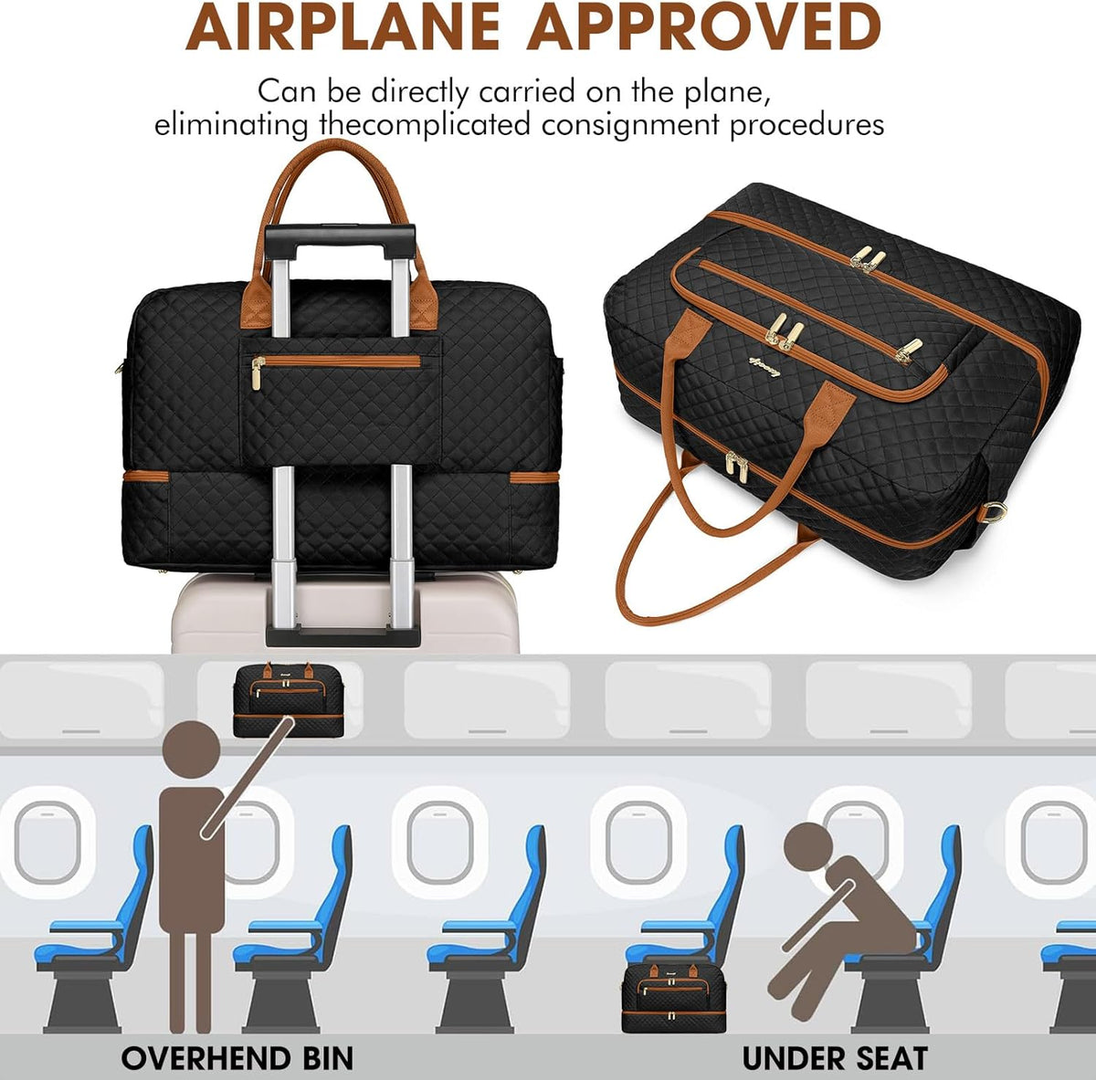 Large Women Travel Duffle Bag, Carry on Bag with Wet Toiletry Pocket for Overnight, Weekend, Yoga, Gym, Business Trips, Sport and Hospital, Black - Colors B