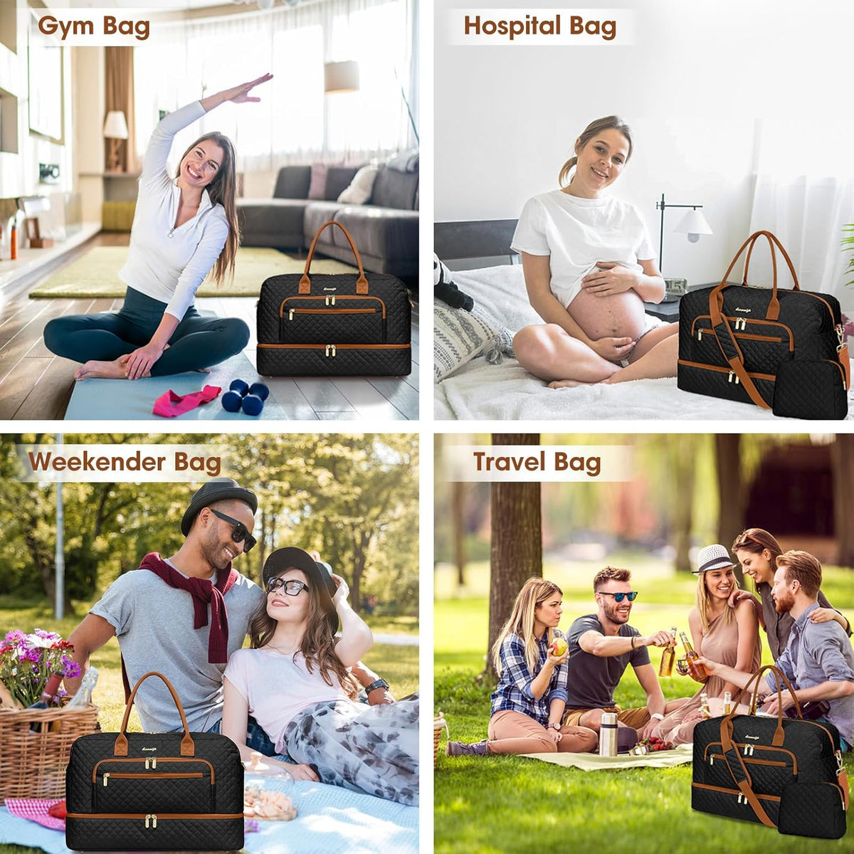 Large Women Travel Duffle Bag, Carry on Bag with Wet Toiletry Pocket for Overnight, Weekend, Yoga, Gym, Business Trips, Sport and Hospital, Black - Colors B