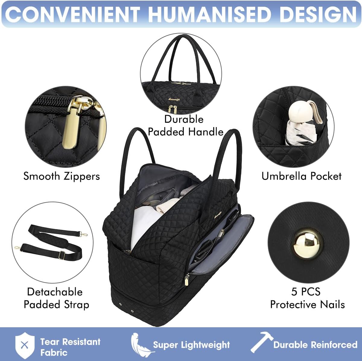 Large Women Travel Duffle Bag, Carry on Bag with Wet Toiletry Pocket for Overnight, Weekend, Yoga, Gym, Business Trips, Sport and Hospital, Black - Colors B
