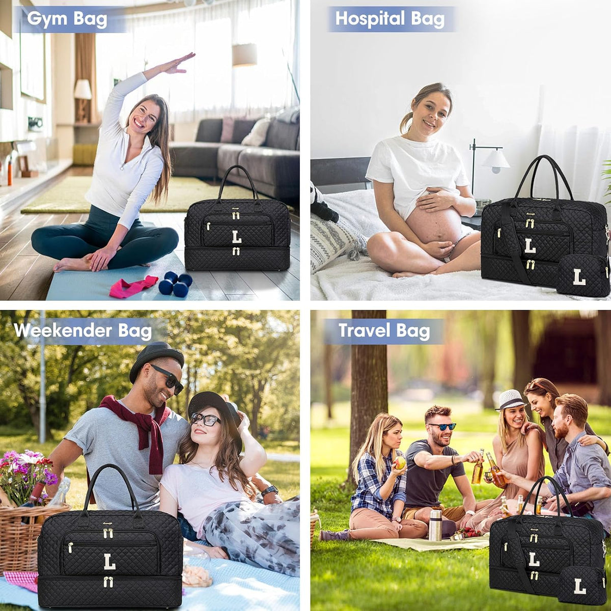 Large Women Travel Duffle Bag, Carry on Bag with Wet Toiletry Pocket for Overnight, Weekend, Yoga, Gym, Business Trips, Sport and Hospital, Black - Colors B