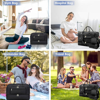 Large Women Travel Duffle Bag, Carry on Bag with Wet Toiletry Pocket for Overnight, Weekend, Yoga, Gym, Business Trips, Sport and Hospital, Black - Colors B